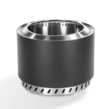 Black smokeless wood fire pit with open rim and base vents