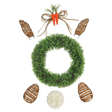 22-inch woven bunny wreath with green foliage circle, white pom, brown ears, orange carrots