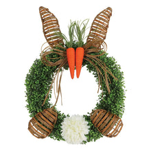 22-inch woven bunny wreath with green ring, white pom, brown ears, and orange carrots