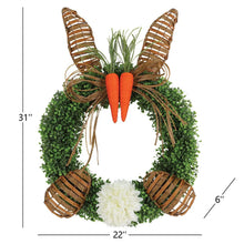 22-inch woven bunny wreath, 31 in height; green ring with white pom, brown ears, orange carrots