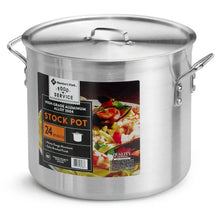 24-qt covered aluminum stock pot with lid and front product label
