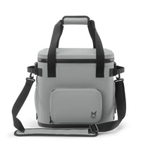 Grey waterproof box cooler with black carry handles and front zipper pocket