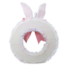 White tinsel bunny wreath with bunny ears and cutout center design
