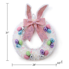 Tinsel bunny wreath (24 in) with pink bow and pastel egg ornaments