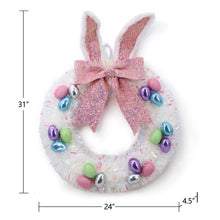 24" tinsel bunny wreath, pink glitter bow with pastel and metallic egg accents