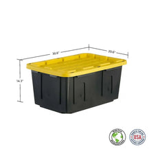 Black and yellow storage tote with side view measurements