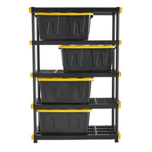 Black storage tote with yellow lid panels, shown on a four-tier rack