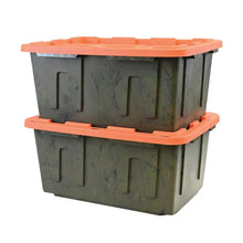 Heavy-duty storage tote set with orange top lid and dark body, stackable design