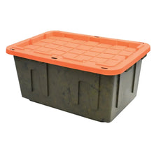 27-gallon heavy-duty plastic storage tote with orange lid and dark body, vented top