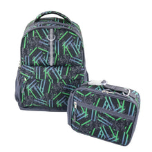 Kids backpack with matching lunch kit, dark base with green pattern and gray accents