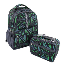 Kids backpack and matching lunch kit, black with green pattern and gray trim