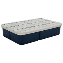 Navy bento box with light-blue wave-pattern lid and square base