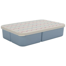 Square bento box with pale blue base and pink-blue wave-pattern lid