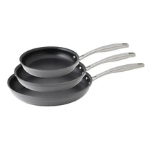 Hard anodized fry pan set with three nonstick pans and silver handles