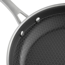 Hybrid fry pan interior with dark nonstick surface texture and two silver rivets