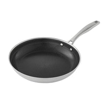 Large hybrid fry pan with nonstick black speckled interior and silver handle
