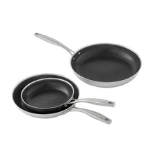 Hybrid fry pan set with two nonstick skillets, black speckled interiors, silver handles