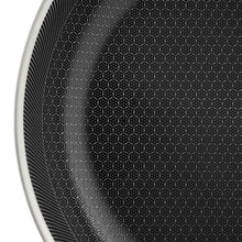 Hybrid fry pan sidewall with black nonstick hex texture and light speckled coating