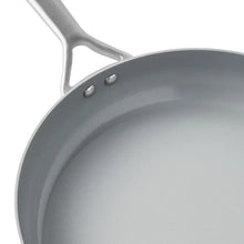Tri-ply fry pan with riveted stainless handle and smooth gray nonstick interior