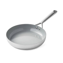 Nonstick tri-ply fry pan with stainless handle and helper loop, gray interior