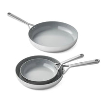 Tri-ply ceramic fry pan set with two nonstick pans and stainless handles