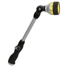 Handheld watering nozzle with silver body, black grip, and yellow spray ring