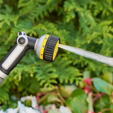 Watering hose sprayer gun with yellow-and-gray adjustable nozzle