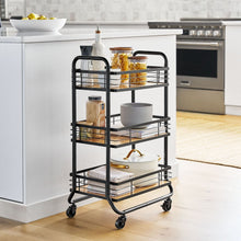 3-tier rolling bar cart with black metal frame and light wood shelves, 3 casters