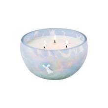 Light blue glass 3-wick candle with bunny icon on the bowl