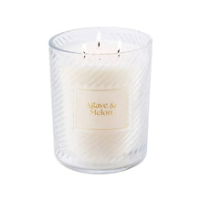 Ribbed glass candle with Agave & Melon label and three wicks, clear-white glass