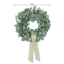 Eucalyptus wreath, 30 in wide, dense blue-green leaves with cream bow