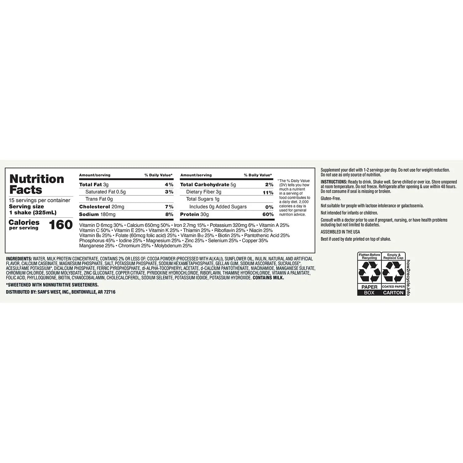 Member's Mark 30g High Protein Nutritional Shake, Chocolate 11 fl. oz., 15 pk.
