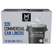 Commercial can liners box, 33-gallon size, clear bags, Member's Mark 320 count