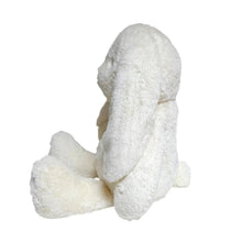 36-inch gray bunny plush, lying side view, long ears and stitched paw pads