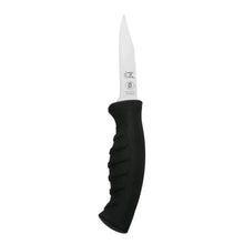 Paring knife with white blade and black textured handle, single piece