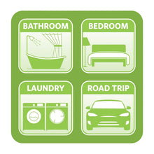 Green storage-use icons labeled bathroom, bedroom, laundry, and road trip