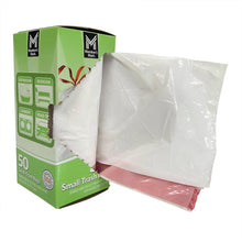 Small trash bag box open with white drawstring bags and one bag partially pulled out