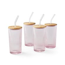 Pink-tinted glass tumblers with bamboo lids and clear straws, 4-pack