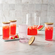 Amber-tinted glass tumblers with bamboo lids and clear straws, 4-pack