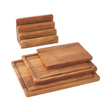 Acacia wood cutting board set with four stackable boards, rectangular with finger notch