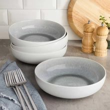 Reactive stoneware pasta bowls, gray glaze, pair of round serving bowls