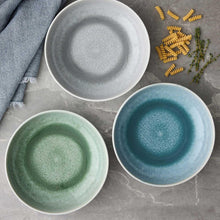 Reactive stoneware pasta bowls, gray, green, and blue reactive glaze (3)