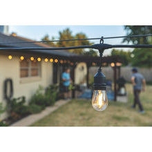 Outdoor LED café string lights with clear bulbs and black sockets along the line