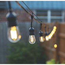 Outdoor LED string lights with clear bulbs and black sockets, hanging on cord