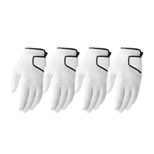 Set of four white golf gloves with black wrist straps, perforated fingers, and stitched seams