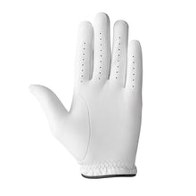 White golf glove showing back with perforation dots and black-trimmed cuff edge
