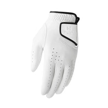 White golf glove with black wrist strap, perforated fingertips, and stitched palm seams