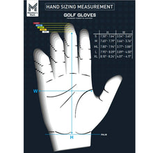 Golf glove hand sizing measurement chart showing palm and hand dimensions for sizes S–XL