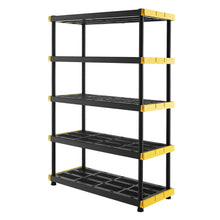 5-tier modular plastic shelf, black shelves with yellow corner brackets