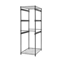 Wire shelf storage rack with black frame and 5 open tiers for organizing totes